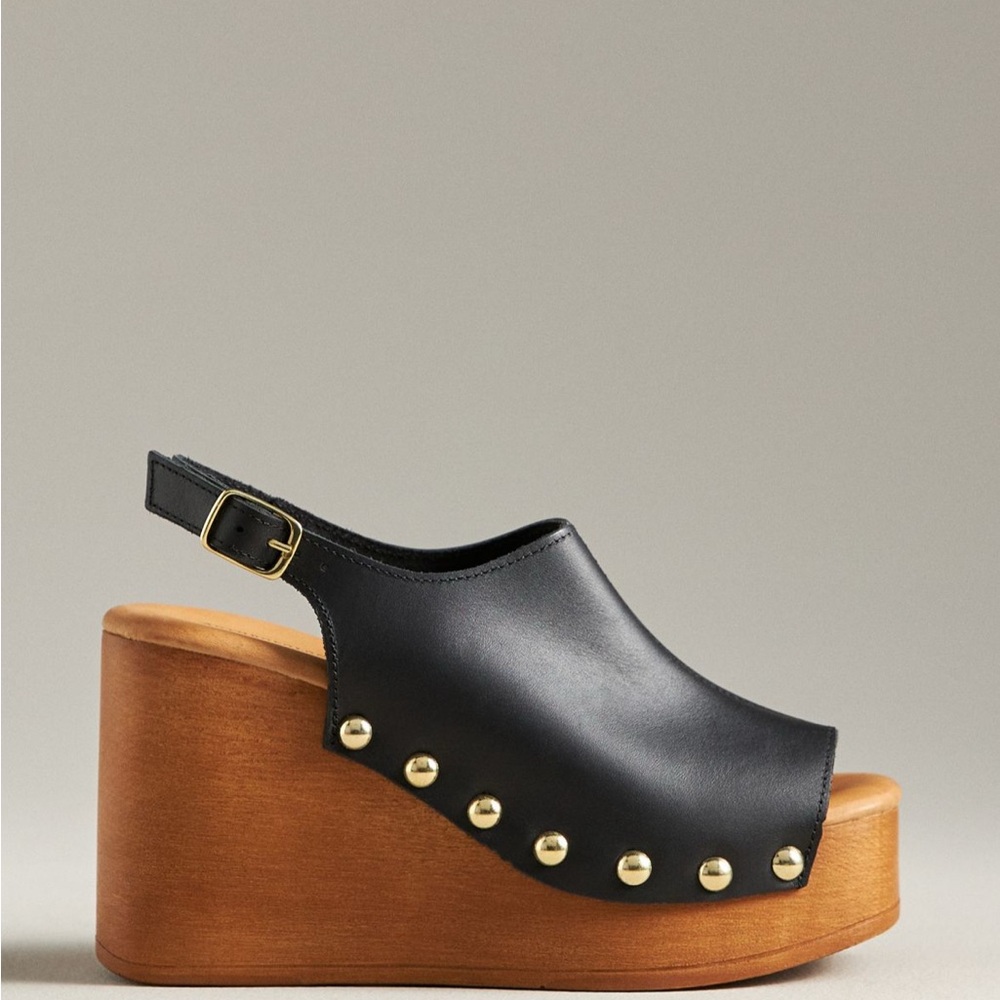 Black Leather Wedge Slingback wood bottom